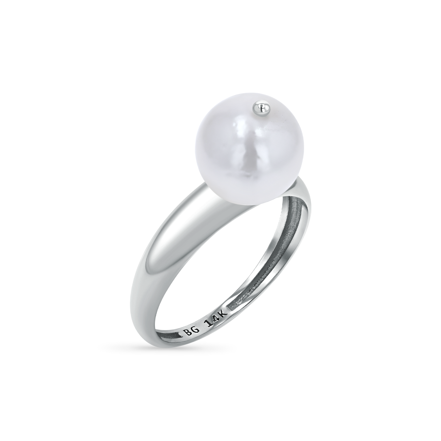 A large, round freshwater pearl set on a 14K solid white gold band stamped with BG 14K.
