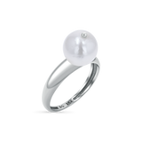 A large, round freshwater pearl set on a 14K solid white gold band stamped with BG 14K.
