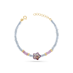 Bracelet with faceted aquamarine beads, 14K solid gold yellow beads, and a purple star pearl in the center with 1 inch extender.
