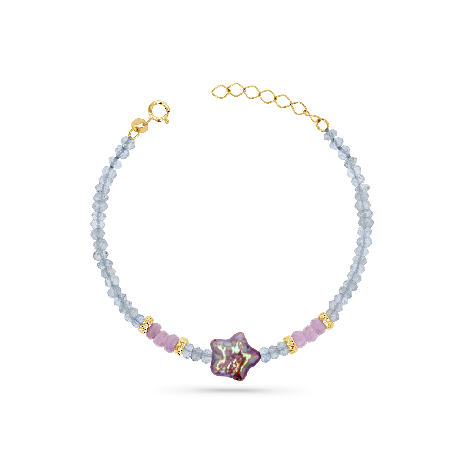 Bracelet with faceted aquamarine beads, 14K solid gold yellow beads, and a purple star pearl in the center with 1 inch extender.