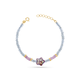 Bracelet with faceted aquamarine beads, 14K solid gold yellow beads, and a purple star pearl in the center with 1 inch extender.