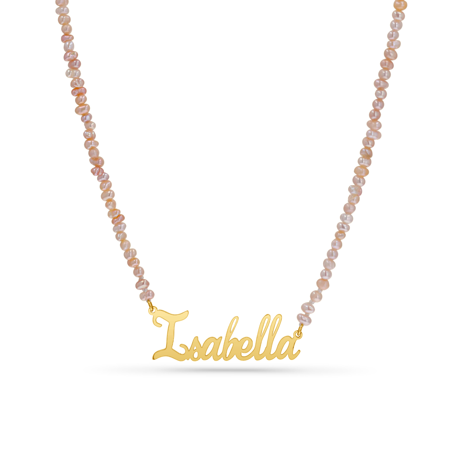Freshwater mini pink pearl necklace with a 14k solid gold custom nameplate.