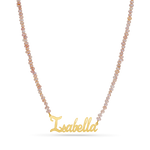 Freshwater mini pink pearl necklace with a 14k solid gold custom nameplate.
