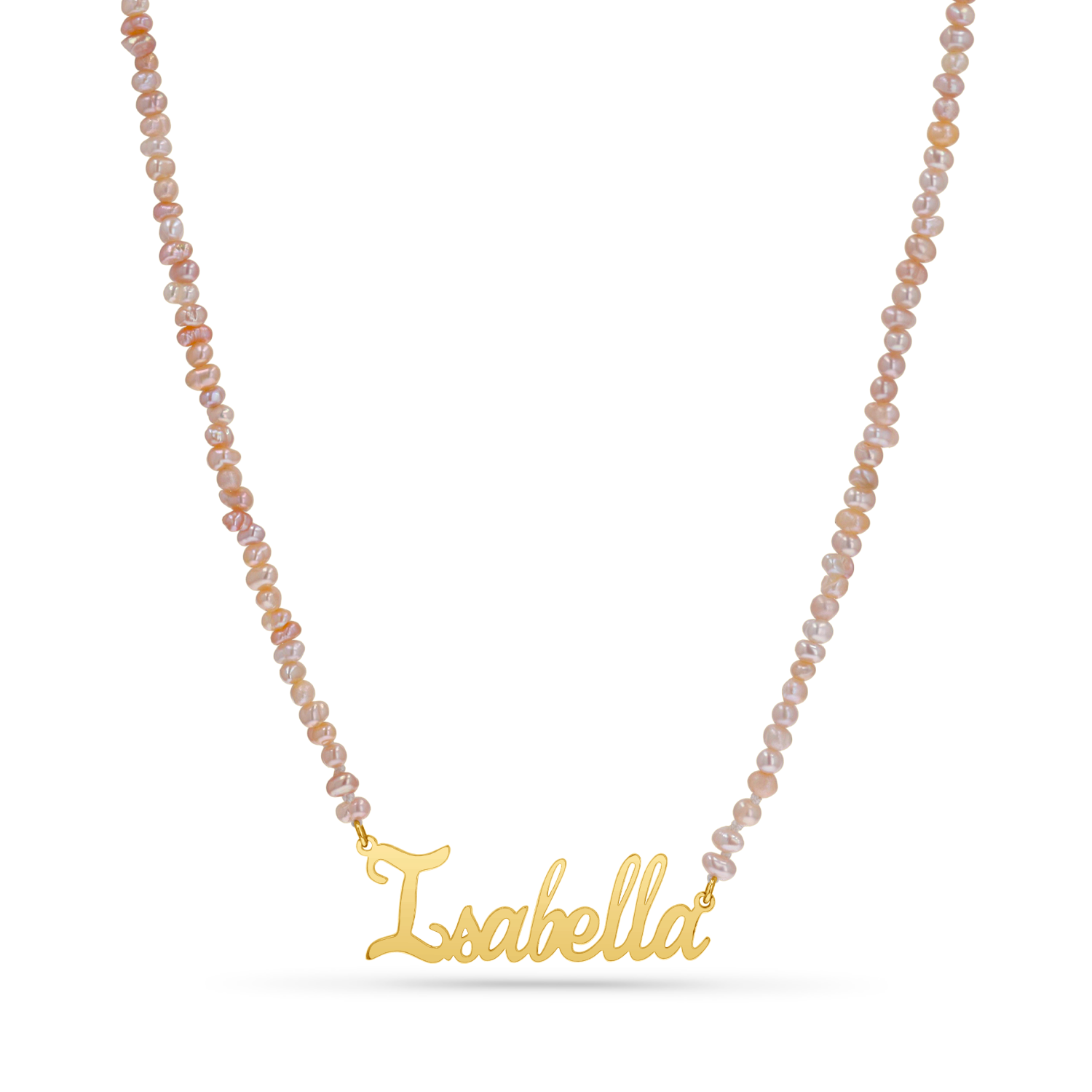 Freshwater mini pink pearl necklace with a 14k solid gold custom nameplate.