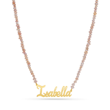 Freshwater mini pink pearl necklace with a 14k solid gold custom nameplate.
