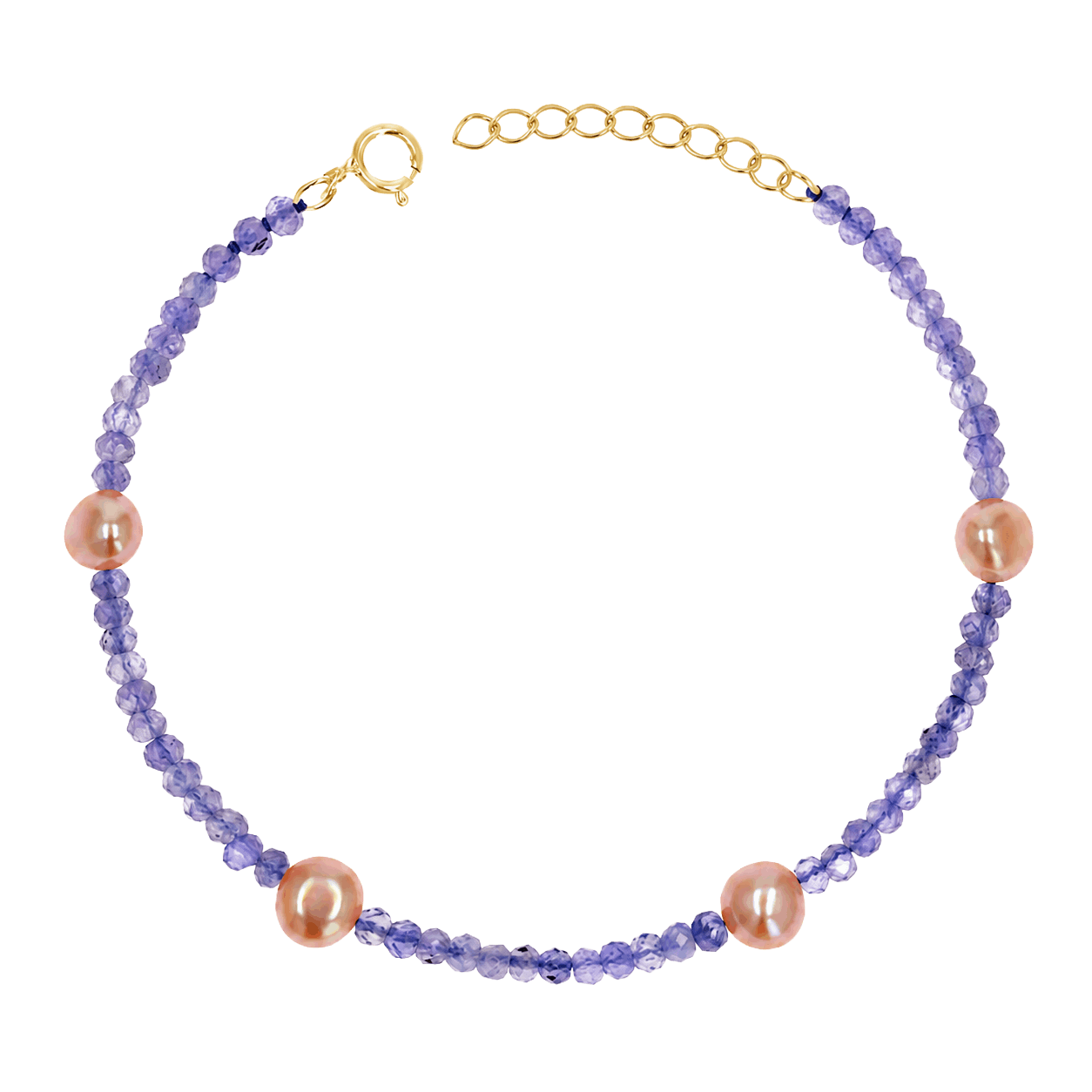Gemstone and 14K gold bracelet with genuine tanzanite and station pink freshwater pearls. Includes solid gold spring lock and extender.