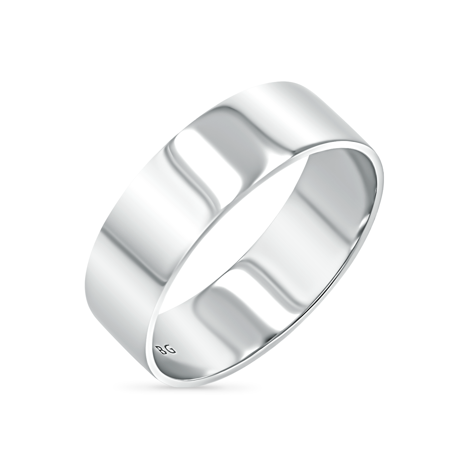 A solid, smooth, thick band in shiny white gold with engraved BG inside for Baby Gold. Real 14k yellow gold and good for stacking