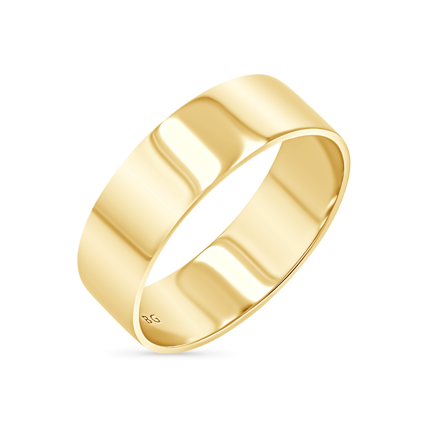 A solid, smooth, thick band in shiny yellow gold with engraved BG inside for Baby Gold. Real 14k yellow gold and good for stacking