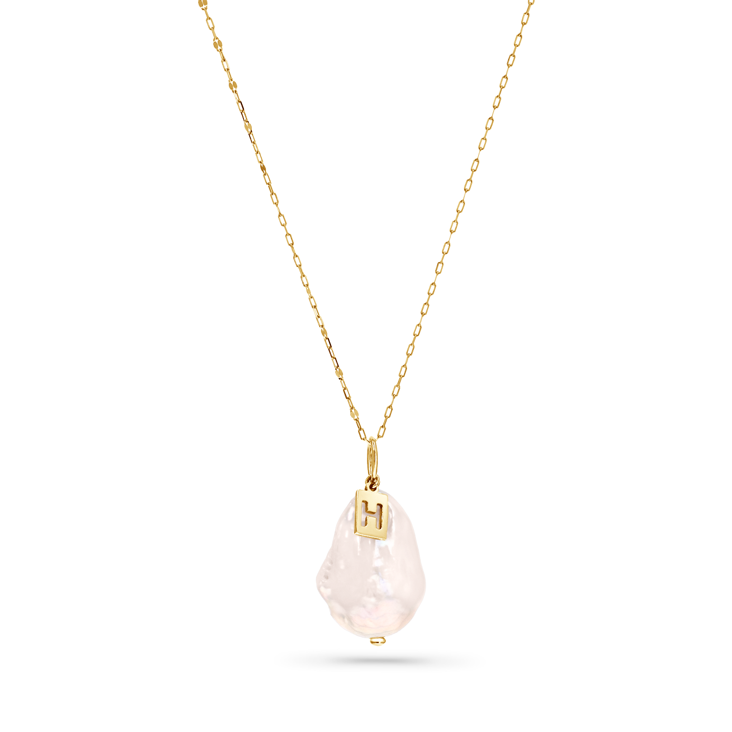 White baroque pearl with a 14k gold initial charm on a 14k solid gold chain.