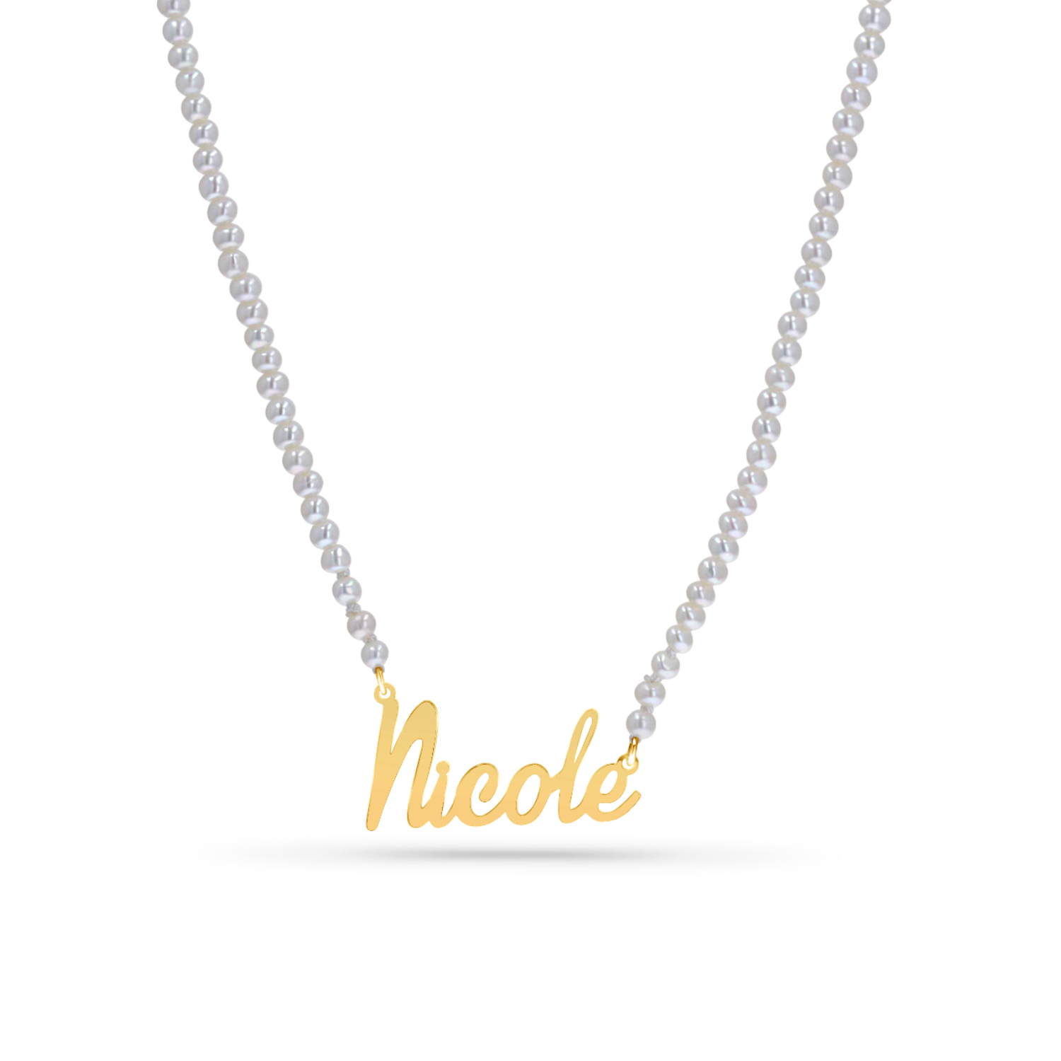 Strand necklace of mini white freshwater pearls with 14k solid gold nameplate with custom cursive name.