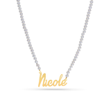 Strand necklace of mini white freshwater pearls with 14k solid gold nameplate with custom cursive name.
