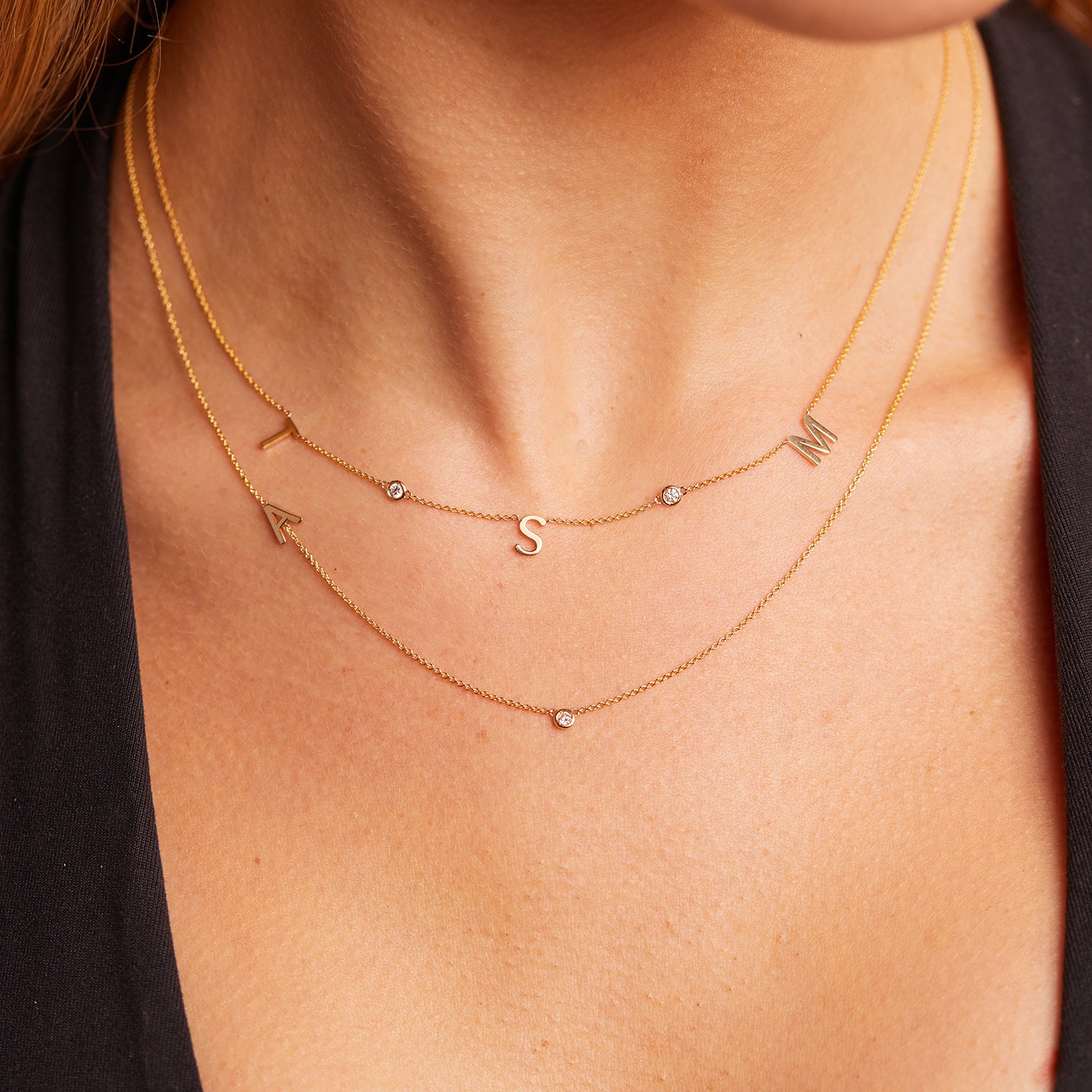 Three Initial Diamond Chain 14K Gold Triple Letter Diamond Bezel