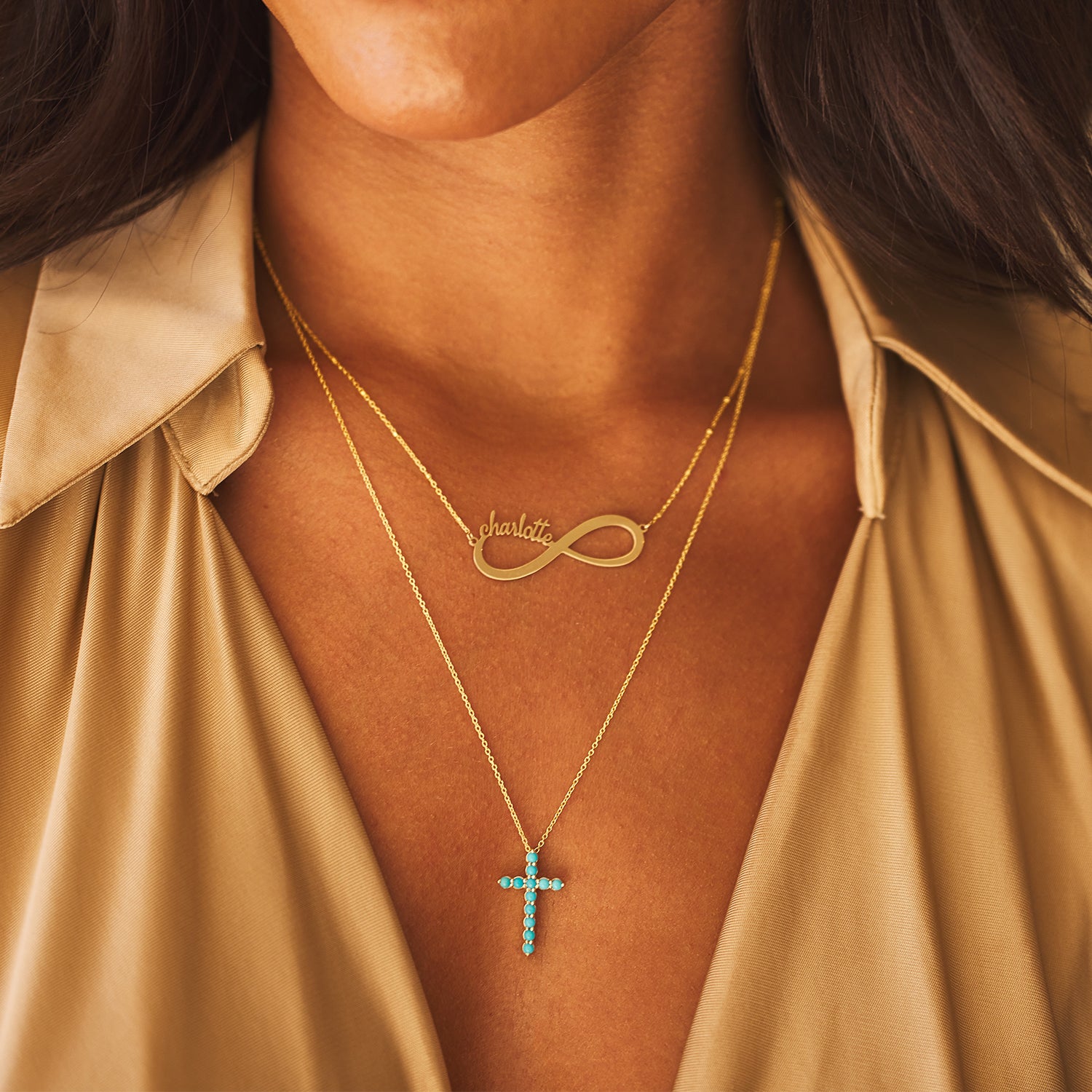 14K Gold Turquoise Cross Necklace – Baby Gold - Main Image