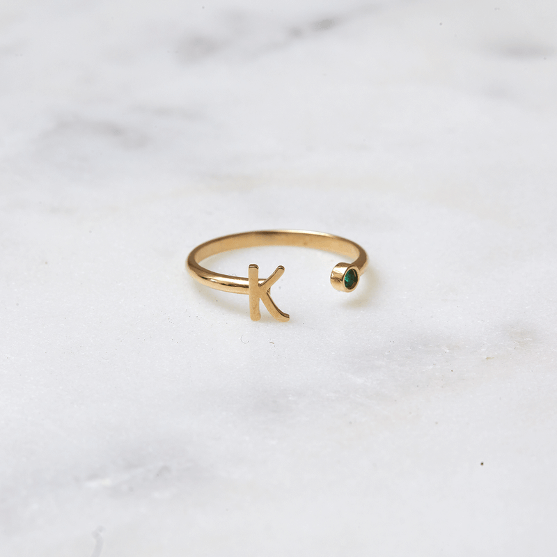 Solid Initial Letter Ring with Birthstone