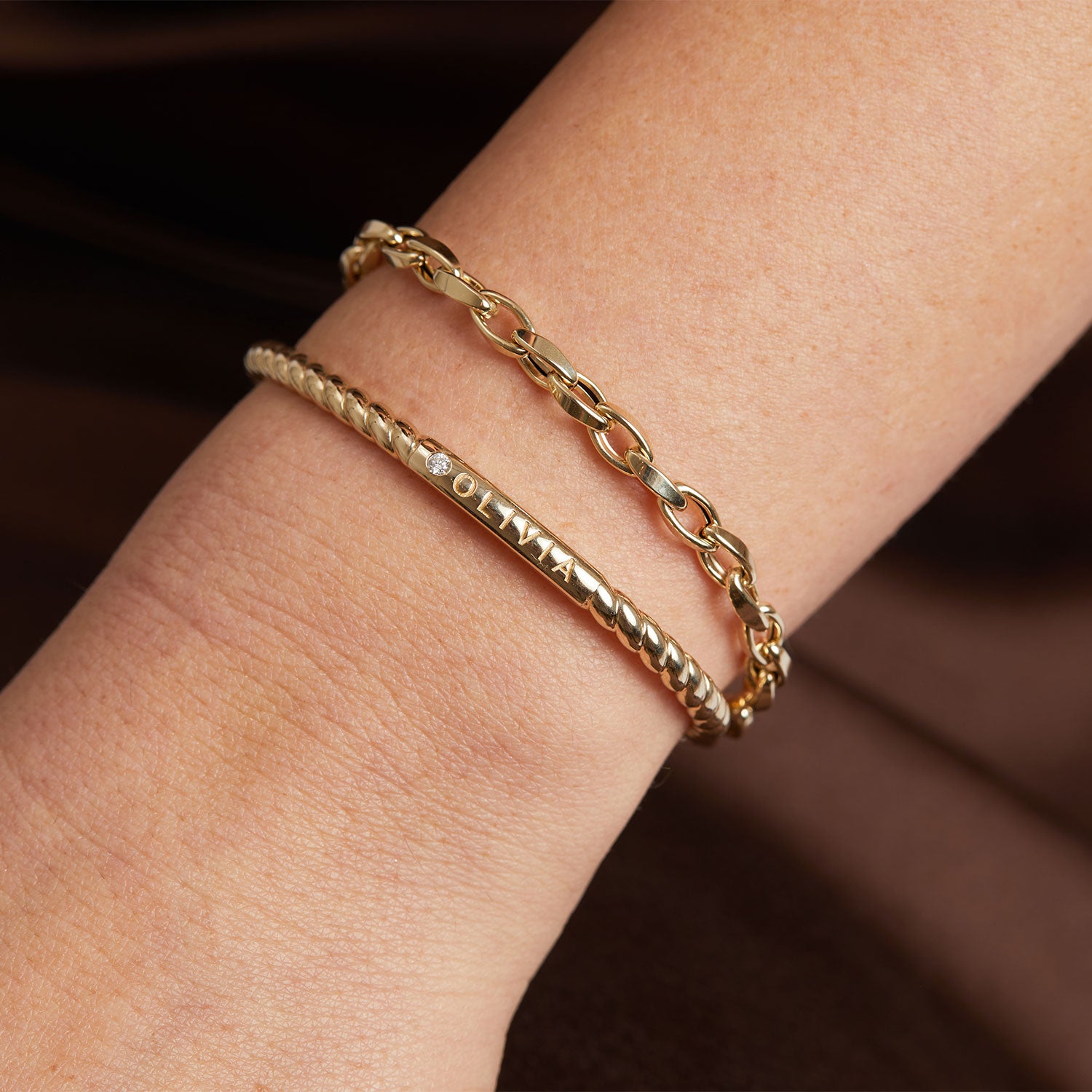 Diamond Solitaire Engravable Twist Name Cuff - Image 8