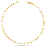 14K solid yellow gold anklet with dainty paperclip links and a lobster lock clasp.