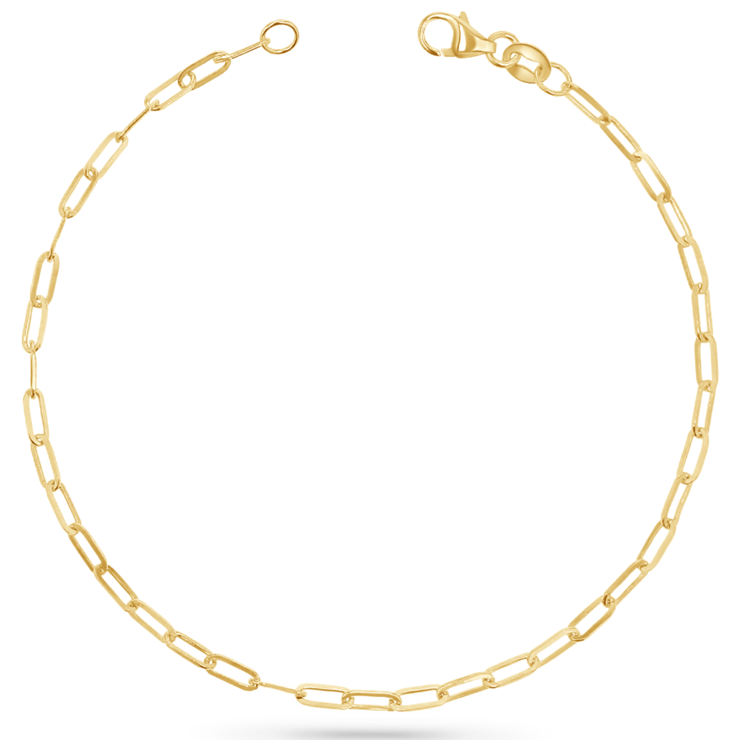 14K solid yellow gold anklet with dainty paperclip links and a lobster lock clasp.
