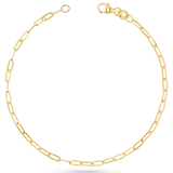 14K solid yellow gold anklet with dainty paperclip links and a lobster lock clasp.