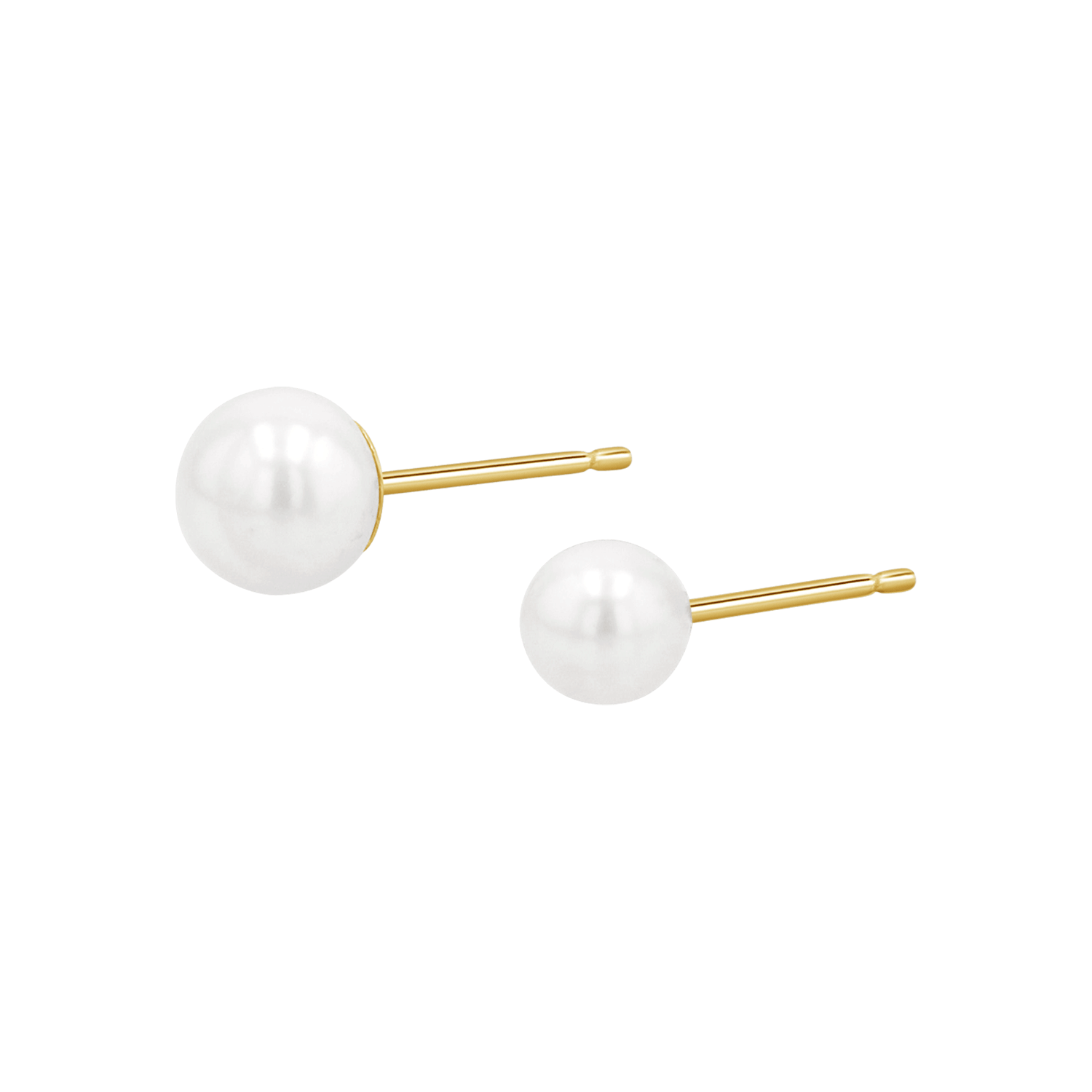 One 6mm stud pearl earring and one 4mm stud earring with white freshwater pearls and 14k yellow gold earring post