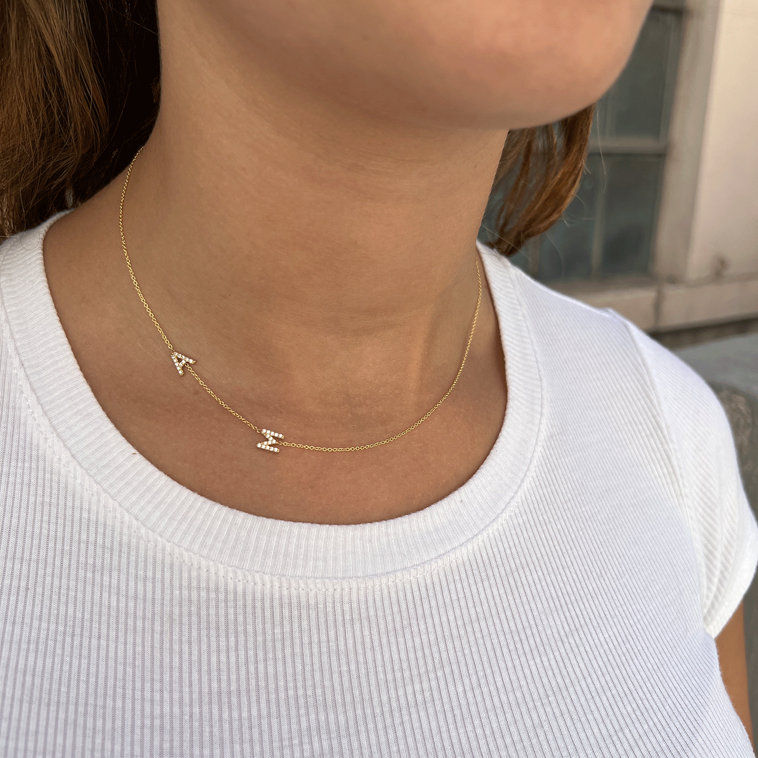14K Gold Diamond Asymmetrical Multi Initial Necklace Baby Gold