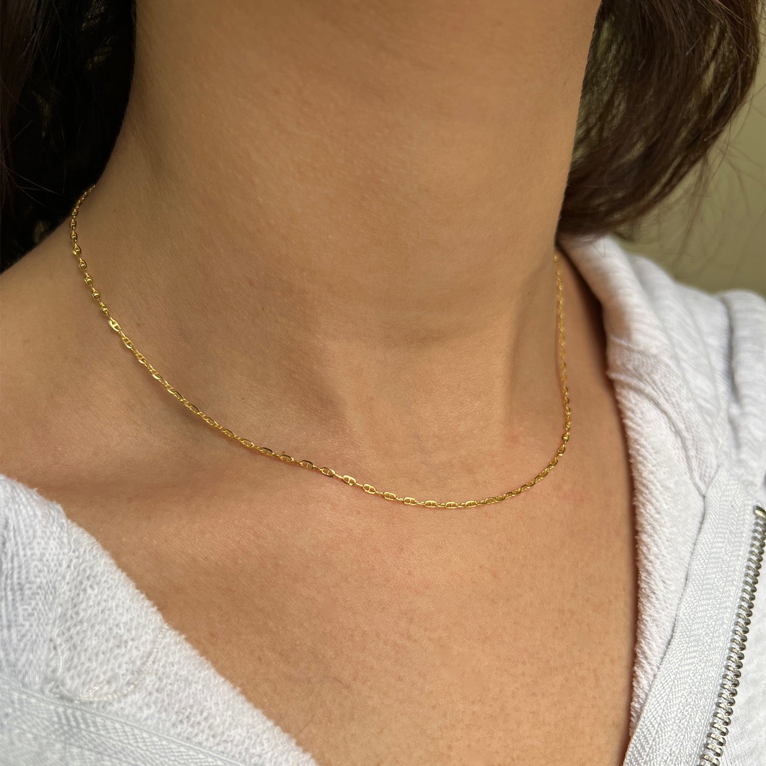 14K Gold Puff Mariner Link Chain Necklace
