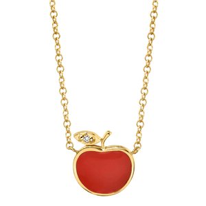 Gold Necklace Oversize Red Apple Charm Green Rhinestone Leaf ShopAA