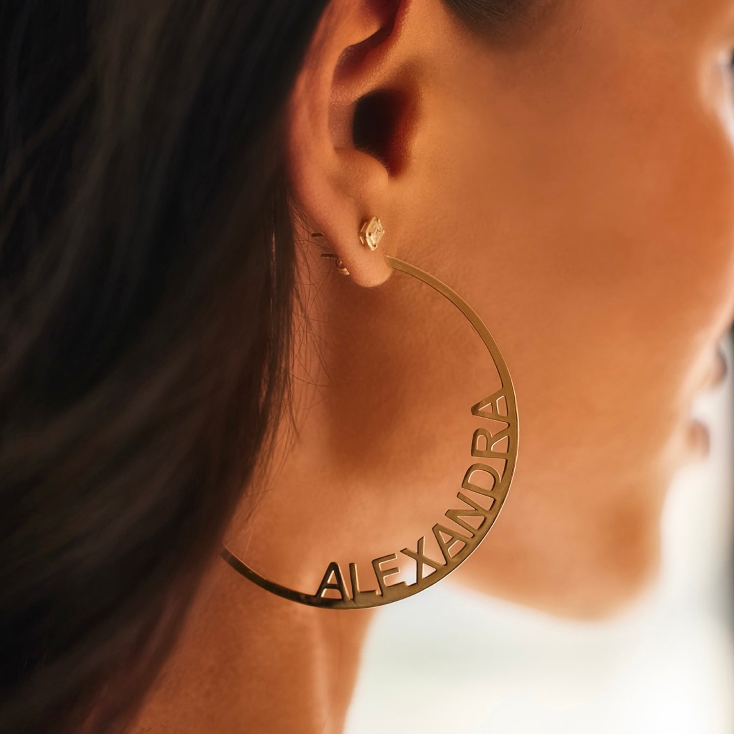 Large Custom Block Name Hoop Earrings - Image 7